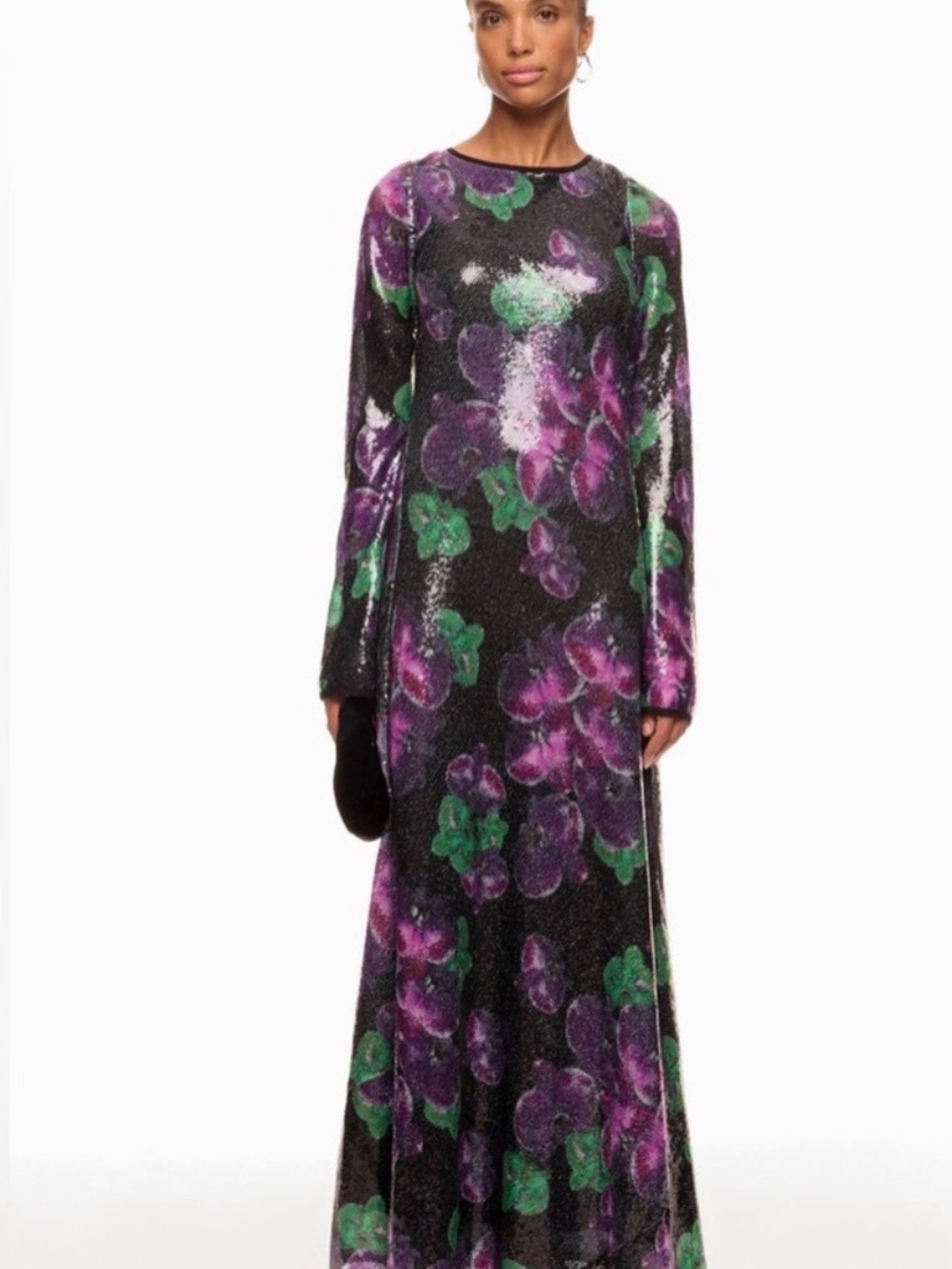 Black Floral Sequin Long Sleeve Maxi Dress